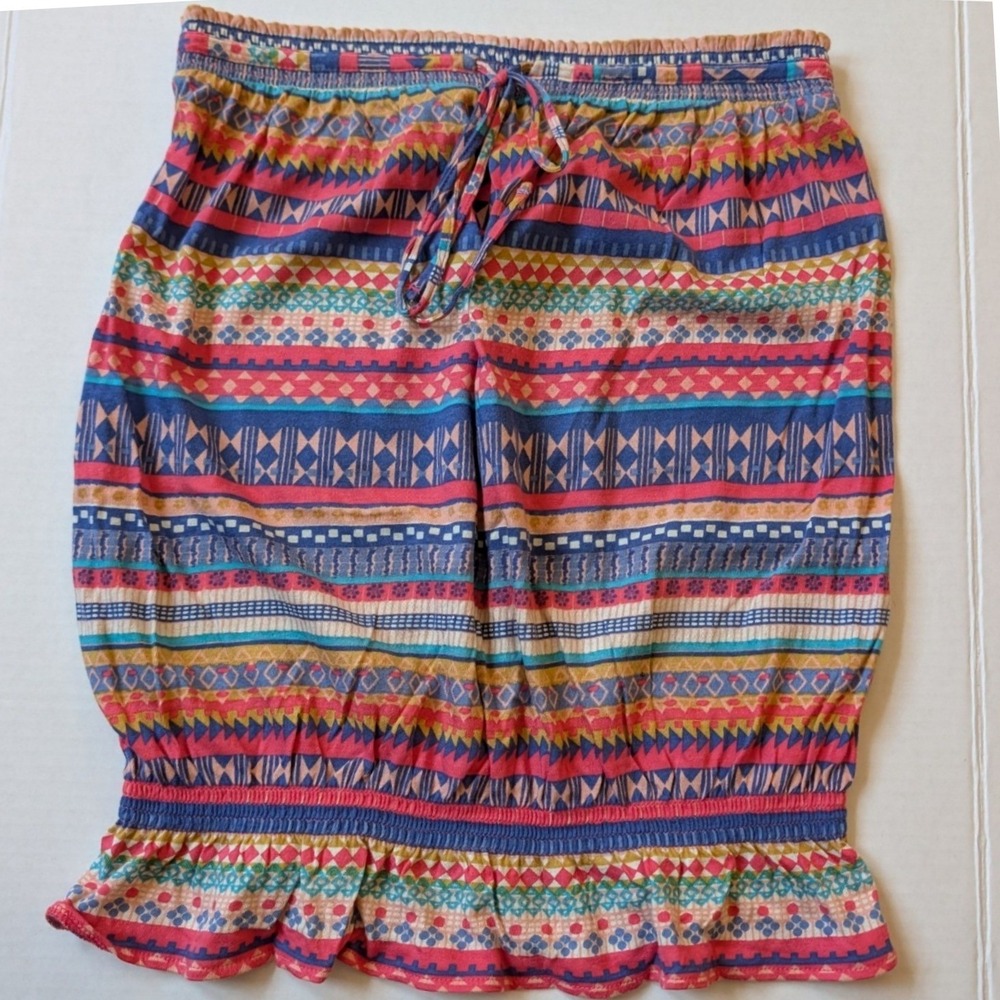 Mossimo Supply Pink Blue Tribal Geometric Strapless Smocked Ruffle‎ Tube Top S